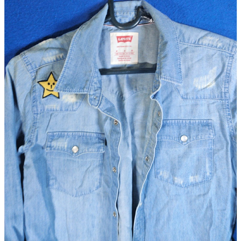 Levi's Boys Medium 10-12 Blue Denim Western Pearl Snap Long Sleeve Shirt Star - Picture 2 of 13